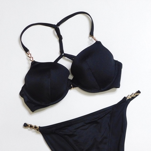 VICTORIA’S SECRET Black Bikini Set Top Bottoms Underwire Push Up 34D / Medium - Picture 4 of 16